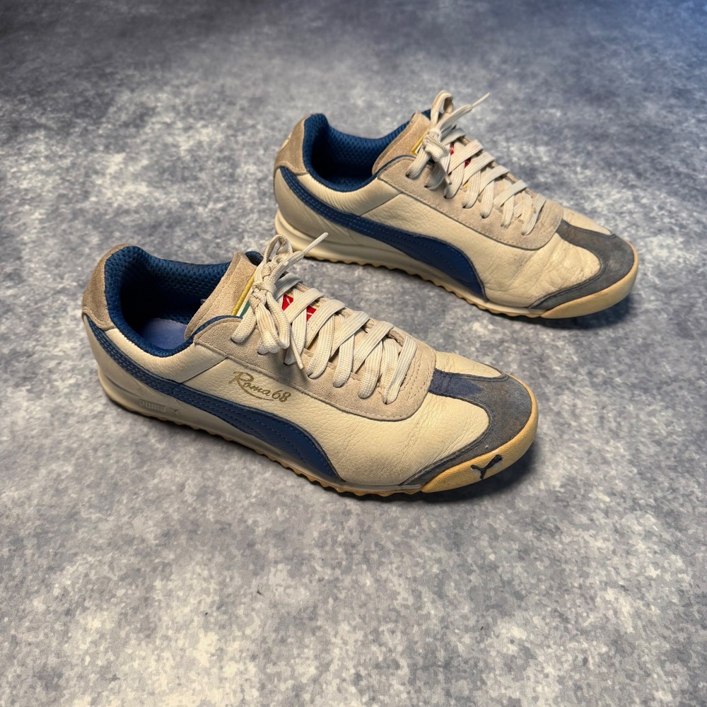 Puma Roma 68 Vintage Women 8.5 Cream Blue Leather Low Top Terrace Sneakers Retro